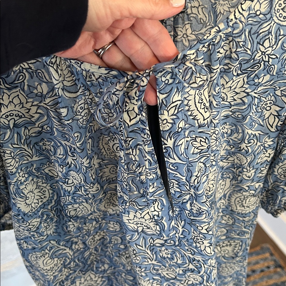 Avara Blue Paisley Puff Sleeve Peasant Blouse | Boho Floral Top - Picture 4 of 4